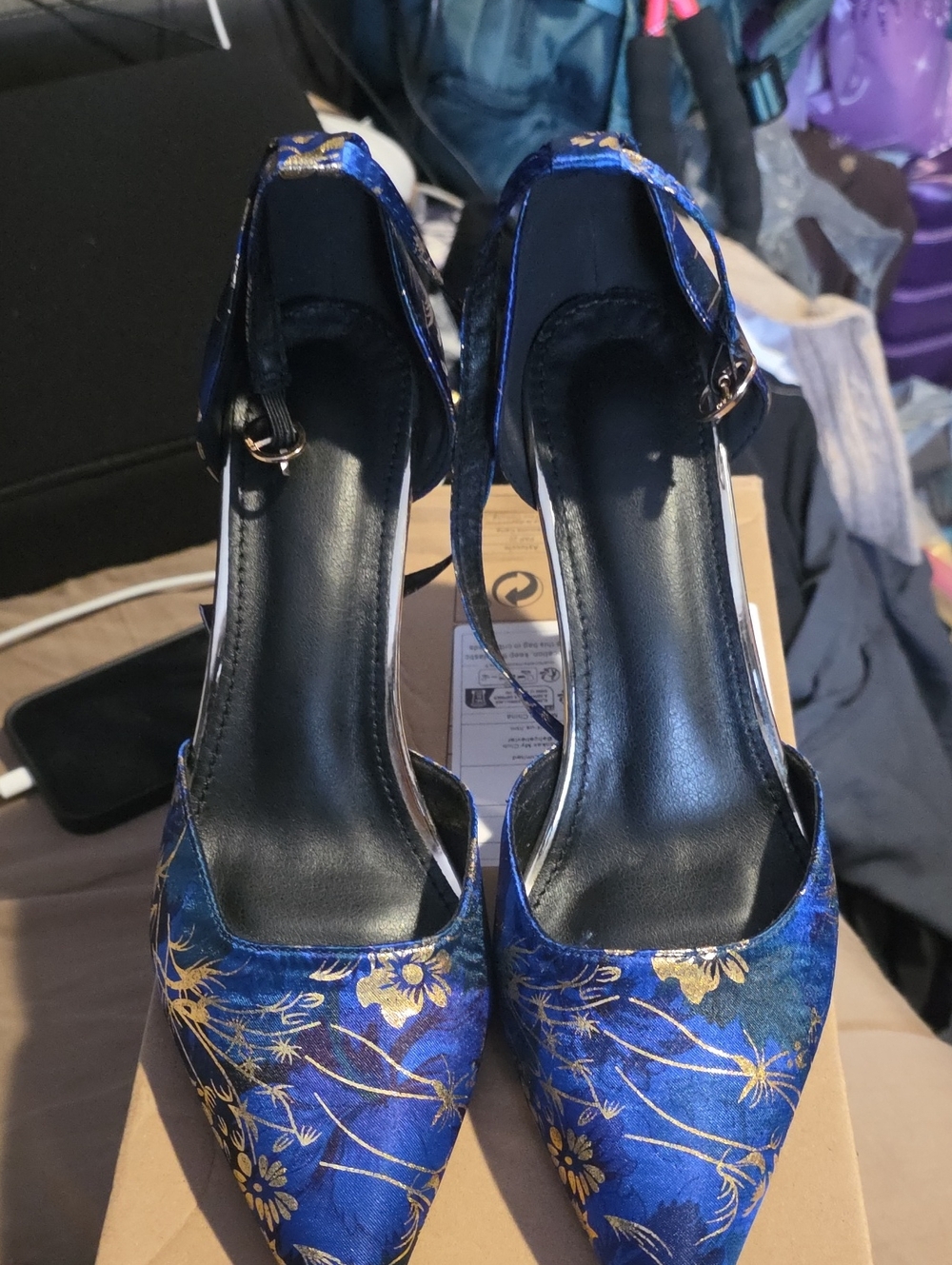Blue Floral Pointed-Toe Ankle Strap Heels